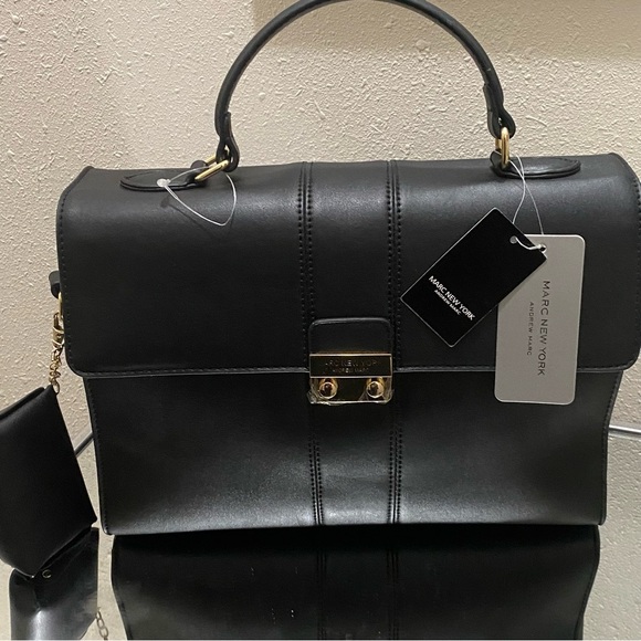 NWT MARC NEW YORK ANDREW MARC BRIEFCASE BAG IN BLACK & GOLD HARDWARE - Picture 2 of 9